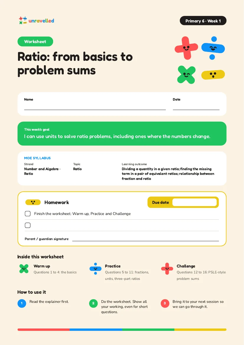 Cover of the P6 ratio worksheet with homework box